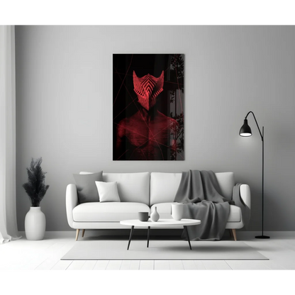 Striking red neon geometric mask glass wall art canvas print