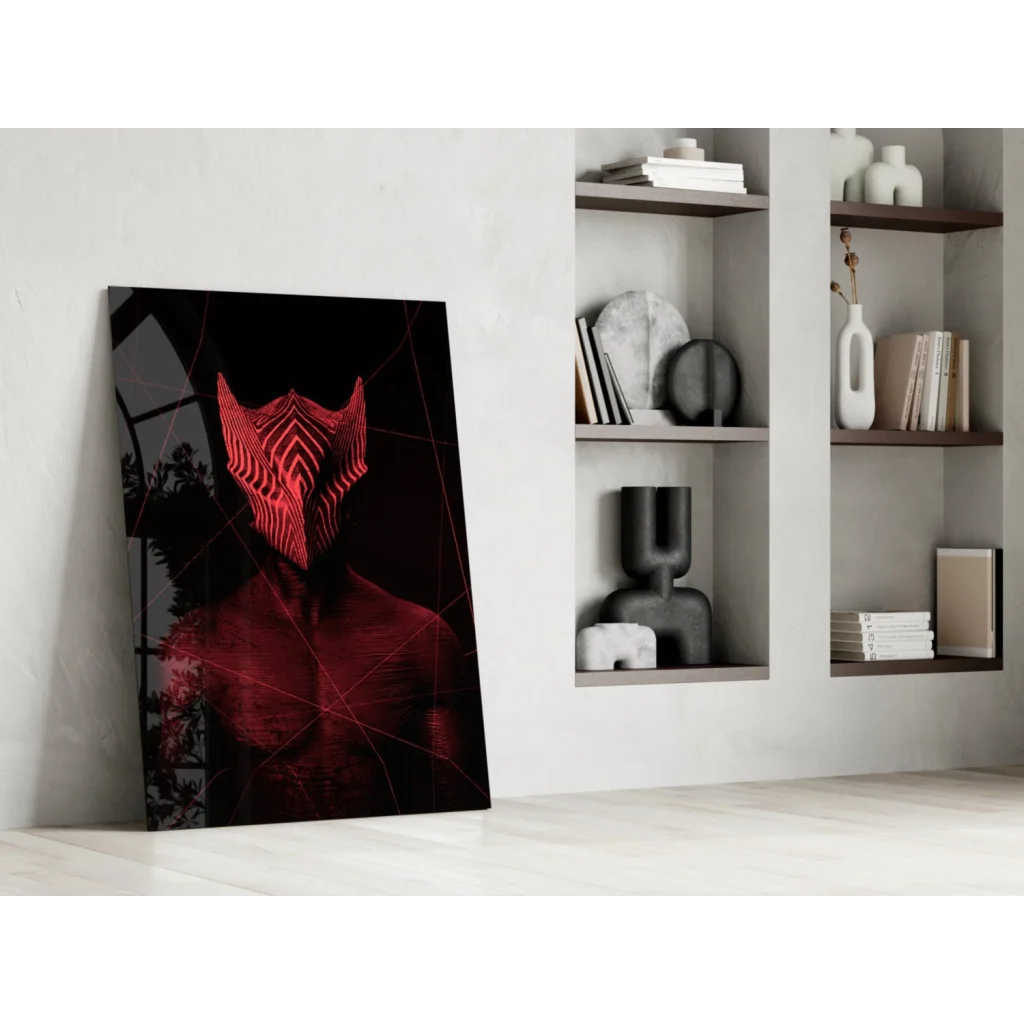 Striking neon red geometric mask glass wall art canvas print