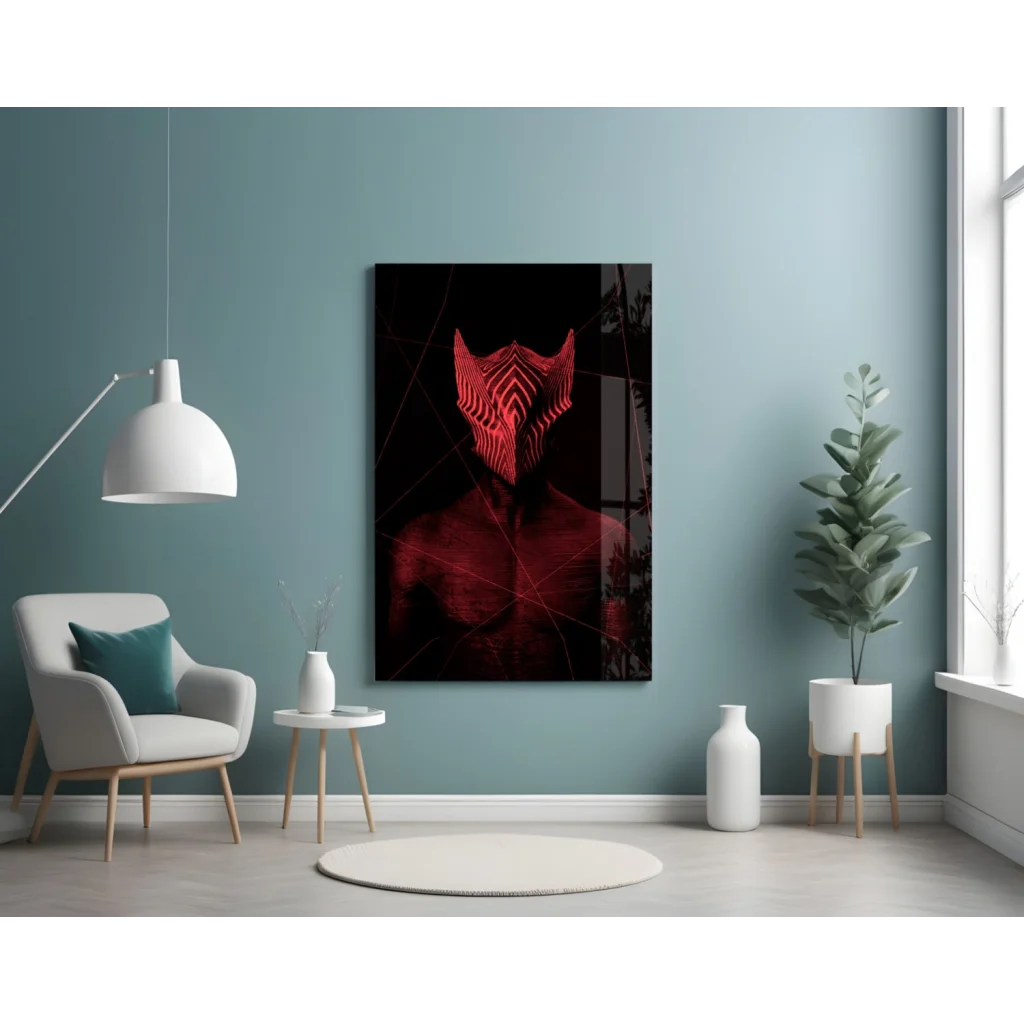 Striking red black geometric mask glass wall art canvas print