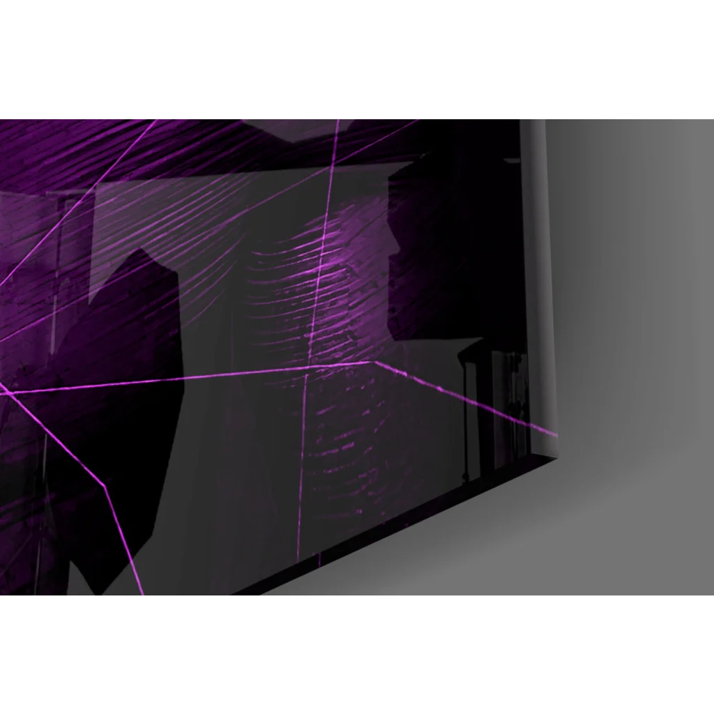 Shattered purple neon glass wall art print with vibrant cracks