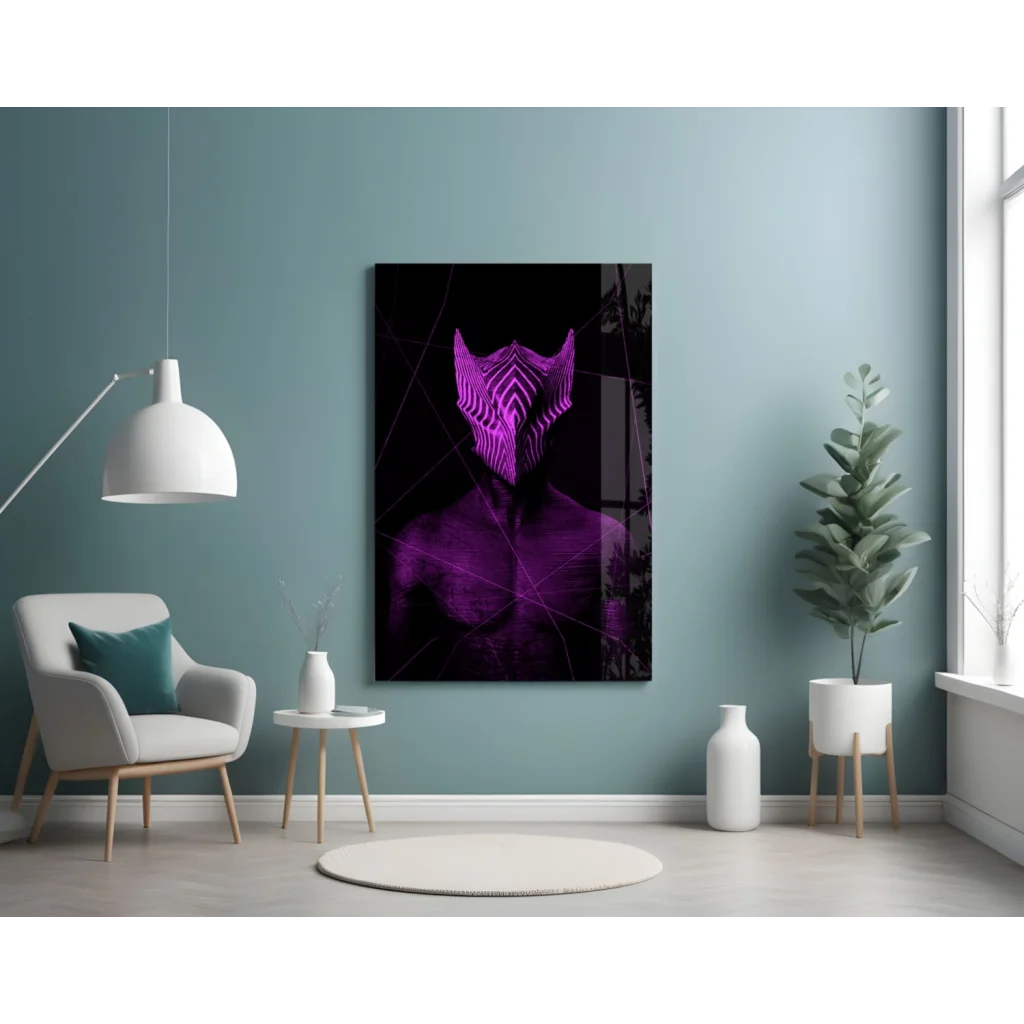 Purple Neon Masked Figure Glass Wall Art Print | Contemporary Home Wall Art | vintageantiquesgifts.com