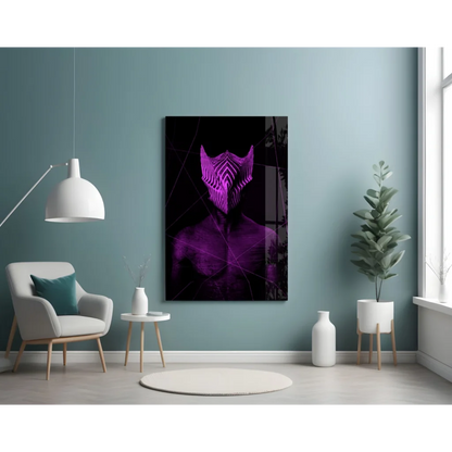 Purple Neon Masked Figure Glass Wall Art Print | Contemporary Home Wall Art | vintageantiquesgifts.com