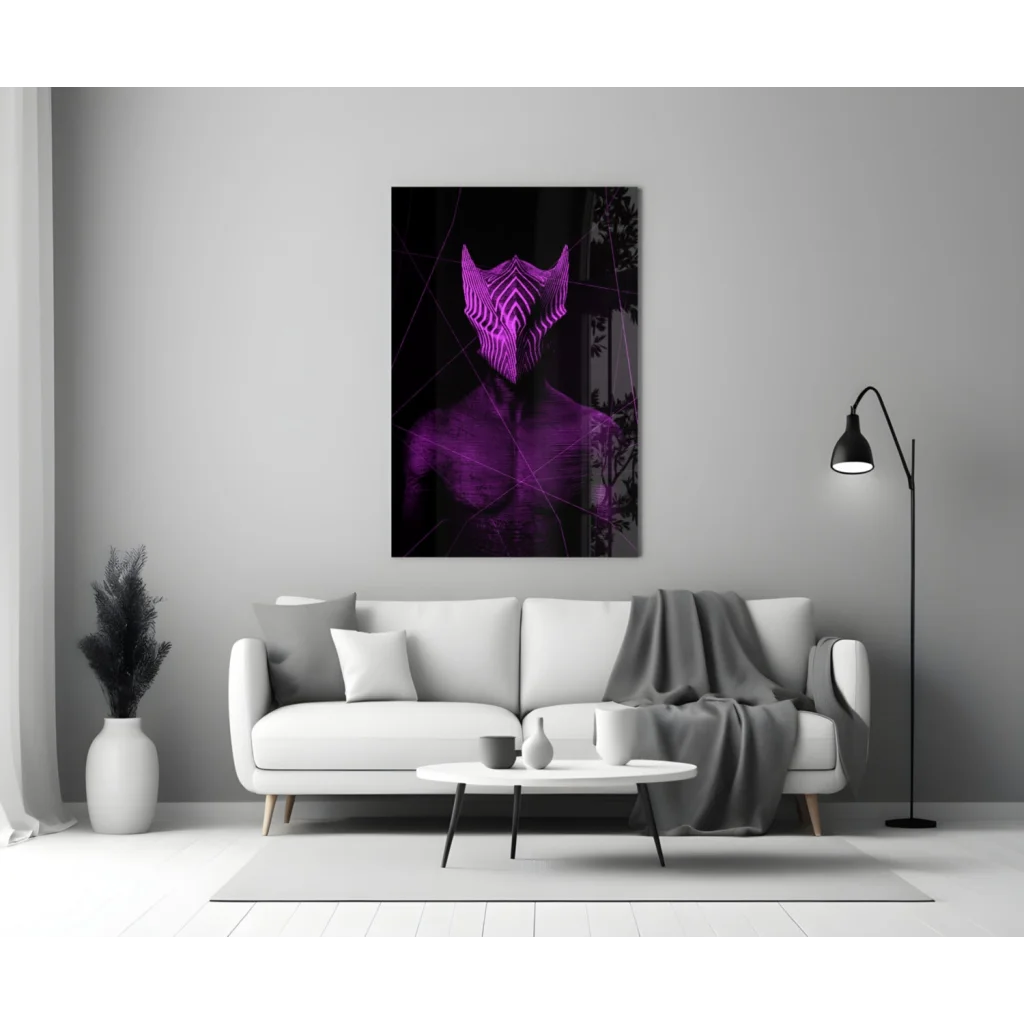 Purple Neon Masked Figure Glass Wall Art Print | Modern Wall Art Decor | vintageantiquesgifts.com