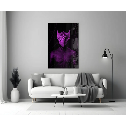 Purple Neon Masked Figure Glass Wall Art Print | Modern Wall Art Decor | vintageantiquesgifts.com
