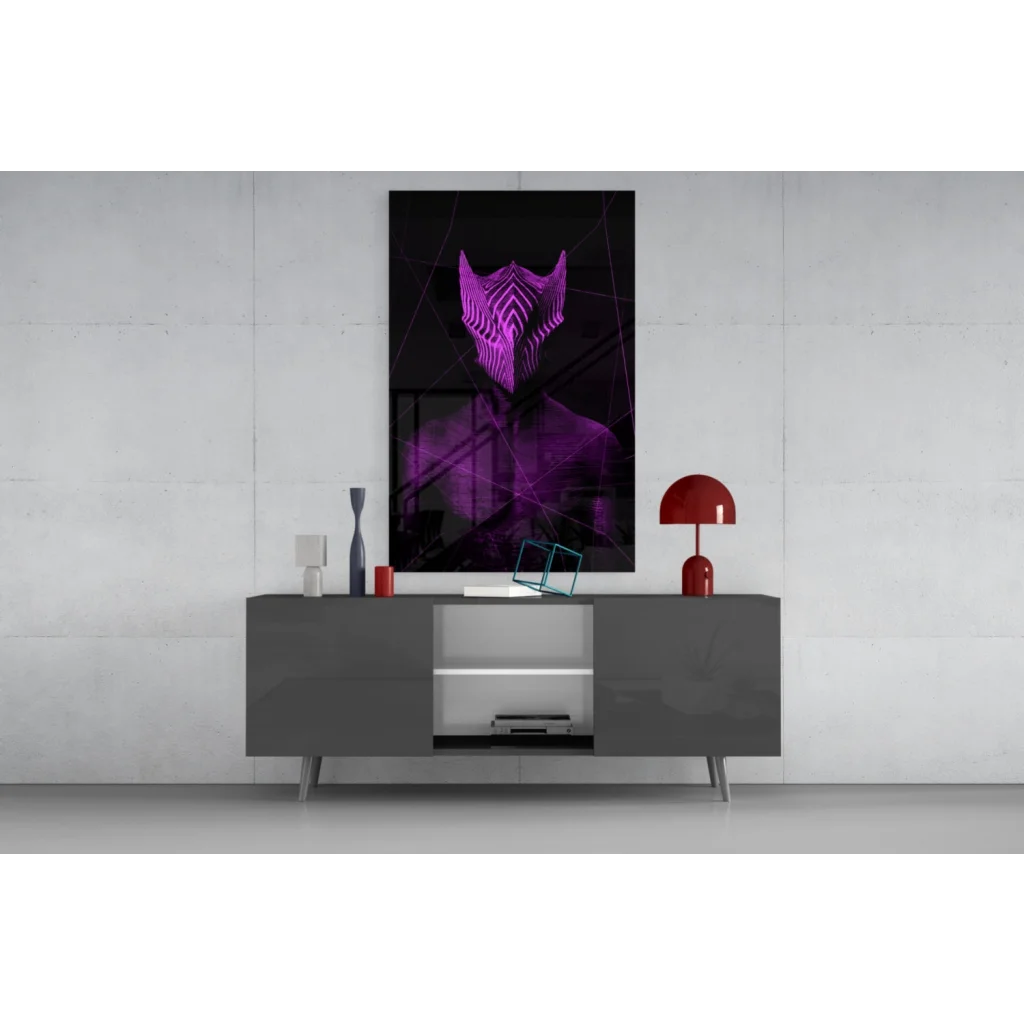 Purple neon fox head glass wall art print on gray table