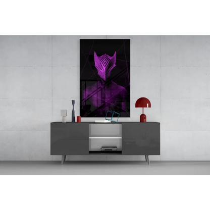 Purple neon fox head glass wall art print on gray table