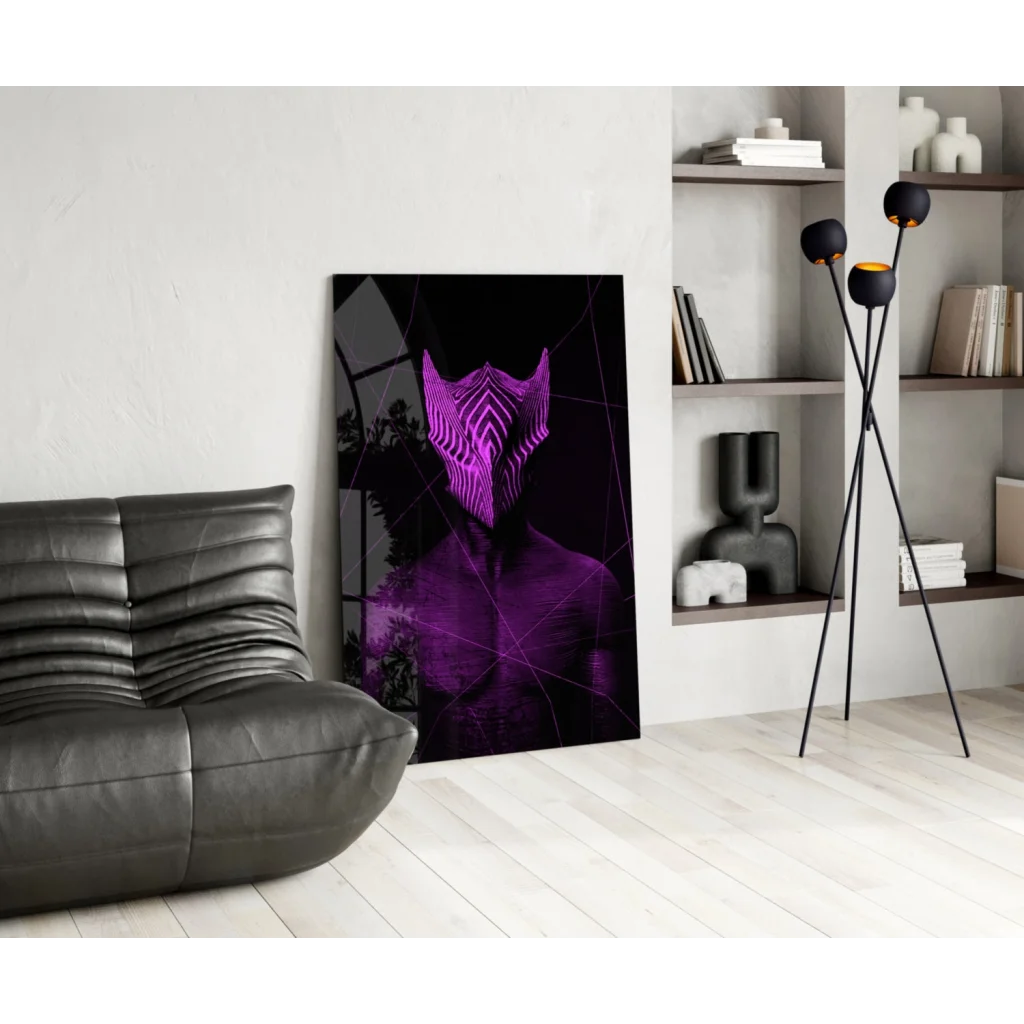 Glowing purple geometric face glass wall art print