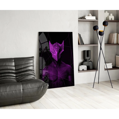 Glowing purple geometric face glass wall art print