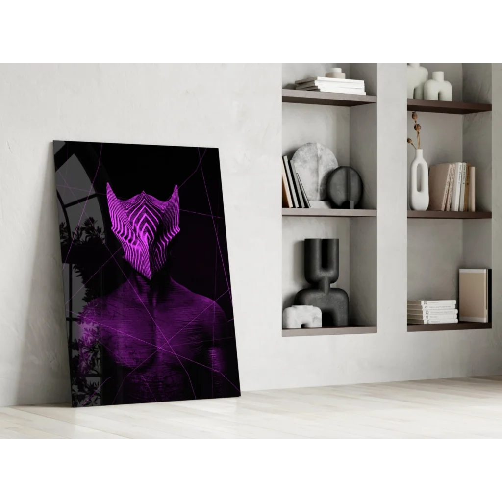 Stylized purple neon masked figure glass wall art print