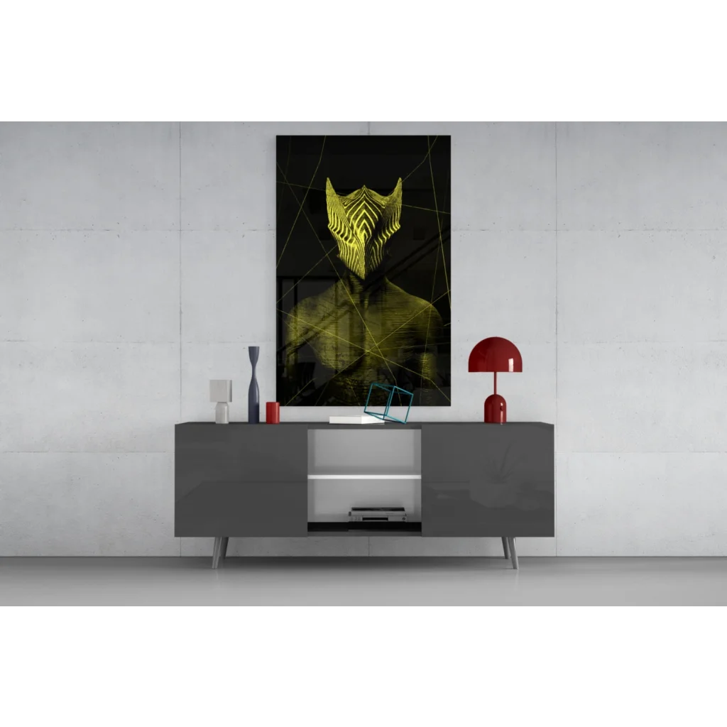 Stunning black-and-yellow glass wall art print of abstract mask-like face