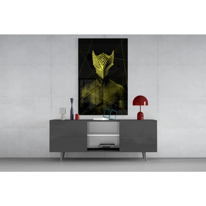 Stunning black-and-yellow glass wall art print of abstract mask-like face