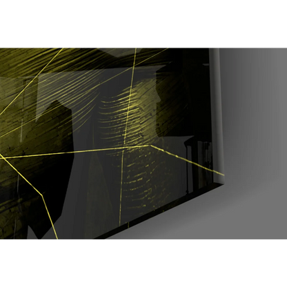 Sleek black glass wall art print with glossy finish and thin yellow digital lines