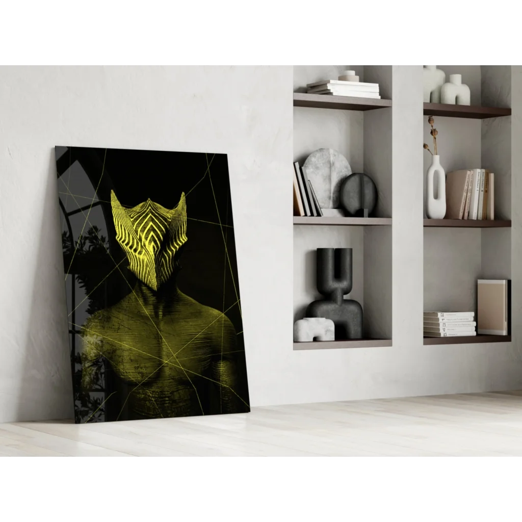 Stunning glass wall art print of muscular figure with glowing yellow mask