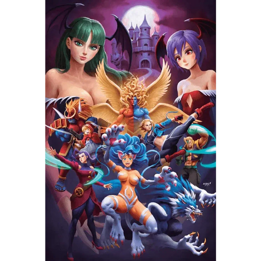 A vibrant fantasy illustration of street fighter dark characters with winged and demonic figures at moonlit castle