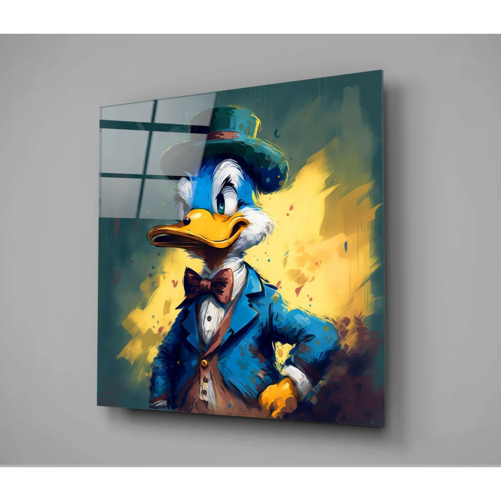 Dapper Donald Duck Glass Wall Art with Bold Purple and Gold | Glass Wall Art Print | vintageantiquesgifts.com
