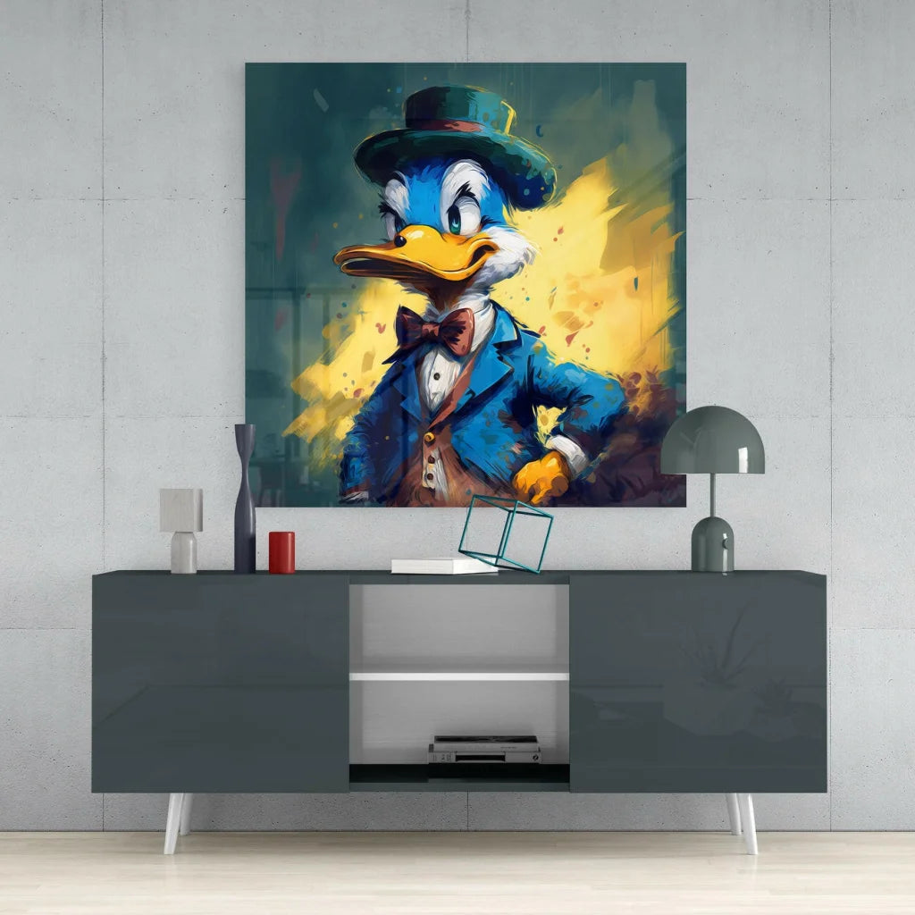 Dapper Donald Duck Glass Wall Art with Bold Purple and Gold | Contemporary Home Wall Art | vintageantiquesgifts.com