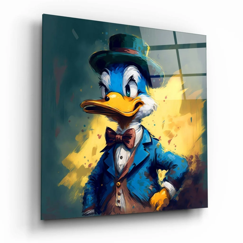 Dapper Donald Duck Glass Wall Art with Bold Purple and Gold | Insigneart USA | vintageantiquesgifts.com