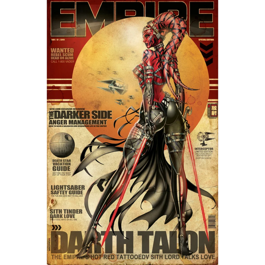 Stylized Darth Talon Sith lord in red black armor with red lightsabers on brushed aluminum print