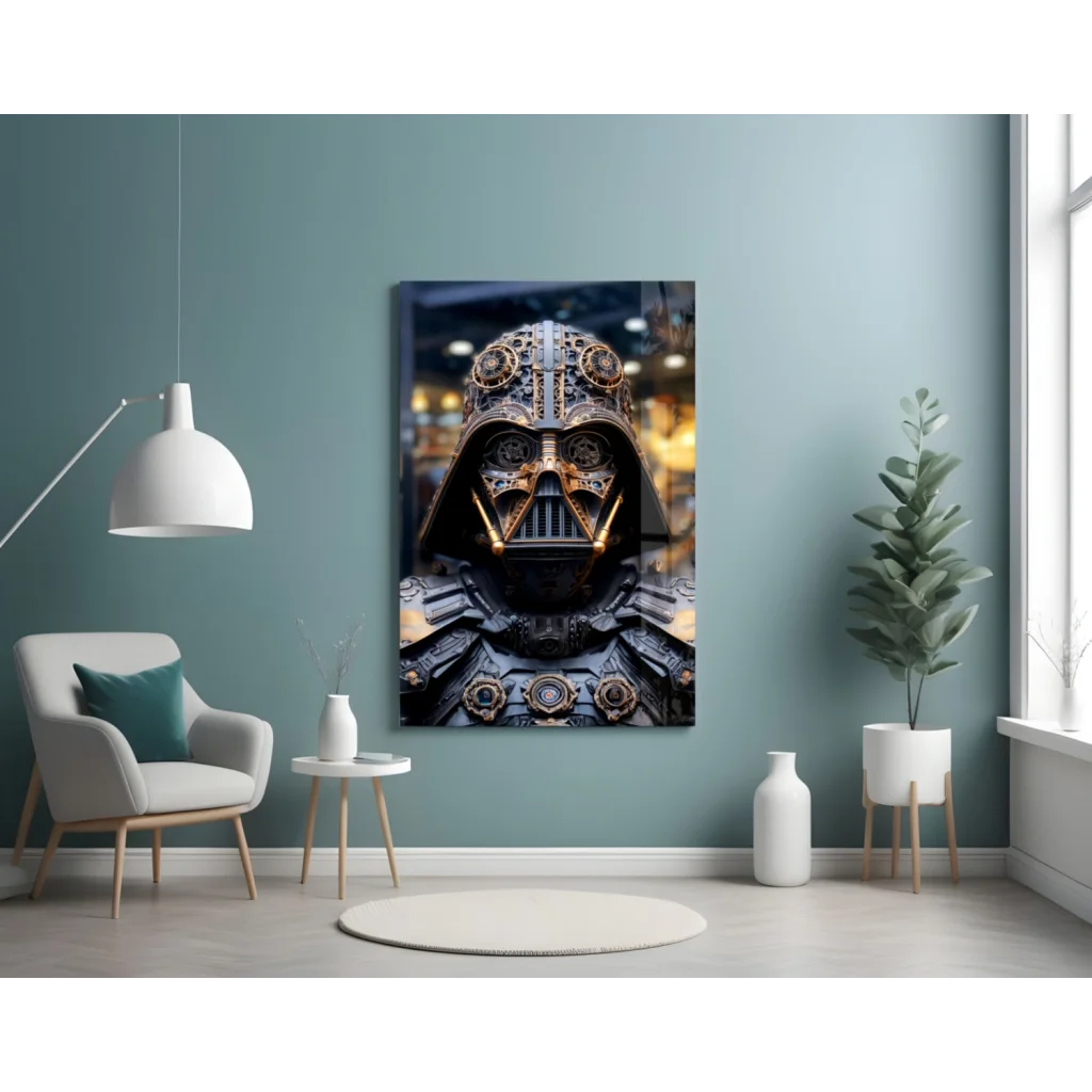 Steampunk Darth Vader glass wall art canvas with brass gears