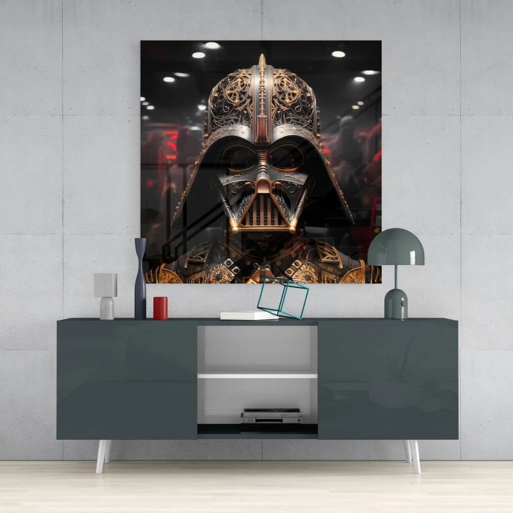 Steampunk Darth Vader Tempered Glass Art with Gold Details | Contemporary Home Wall Art | vintageantiquesgifts.com