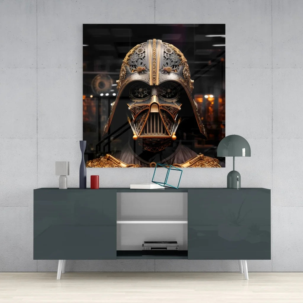 Steampunk Darth Vader Tempered Glass Art with Golden Gears | Contemporary Home Wall Art | vintageantiquesgifts.com