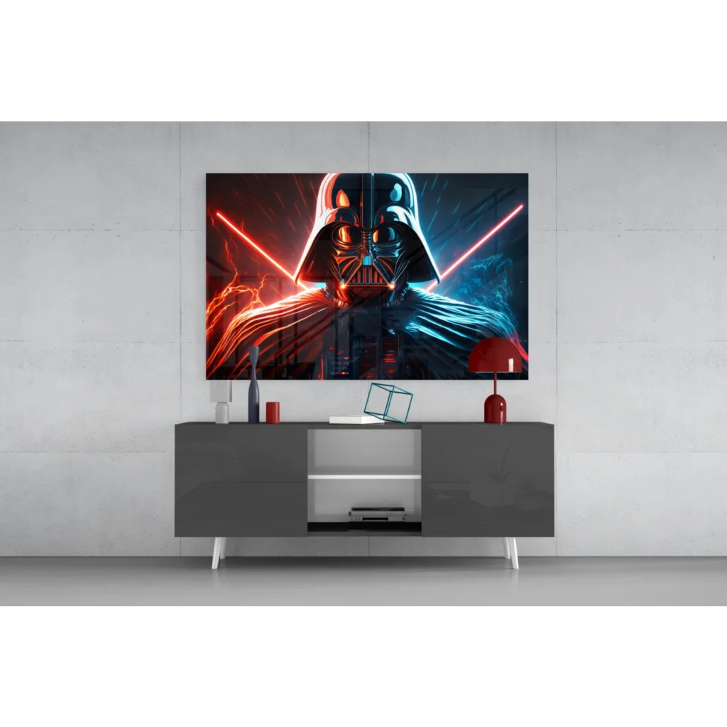 Darth Vader neon lightsaber glass wall art with glowing red blue sabers