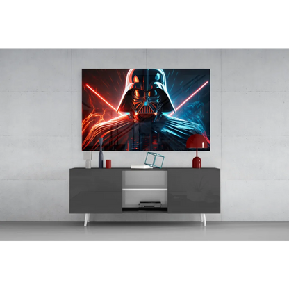 Darth Vader neon lightsaber glass wall art with glowing red blue sabers