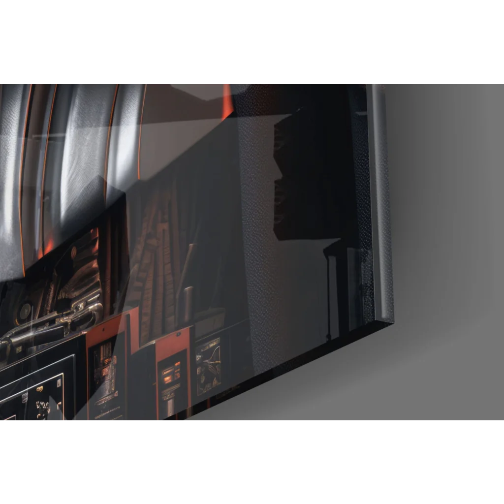 Sleek Darth Vader glass wall art portrait with gold details and vibrant orange screen