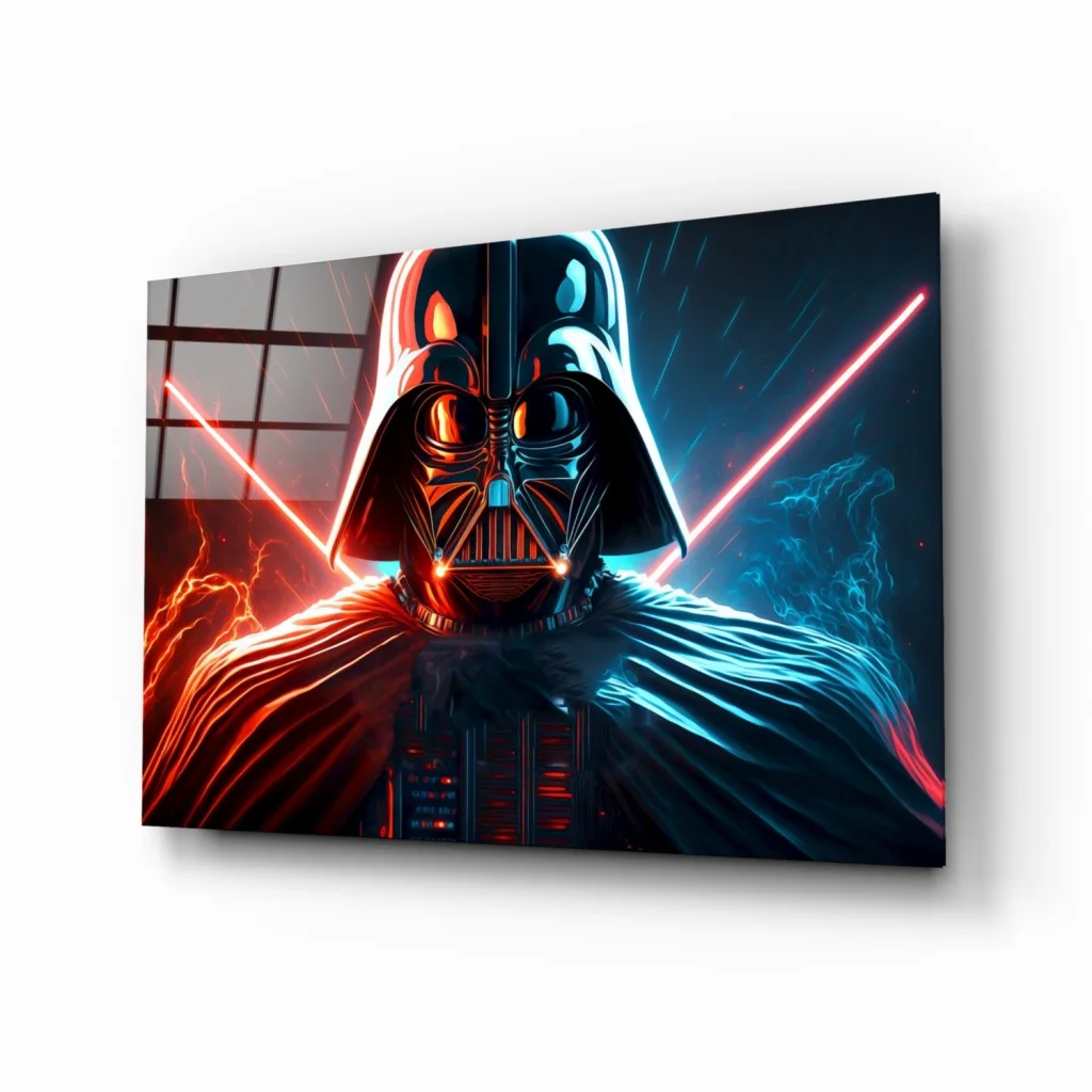 Darth Vader nebula glass wall art canvas print with neon lightsaber glow
