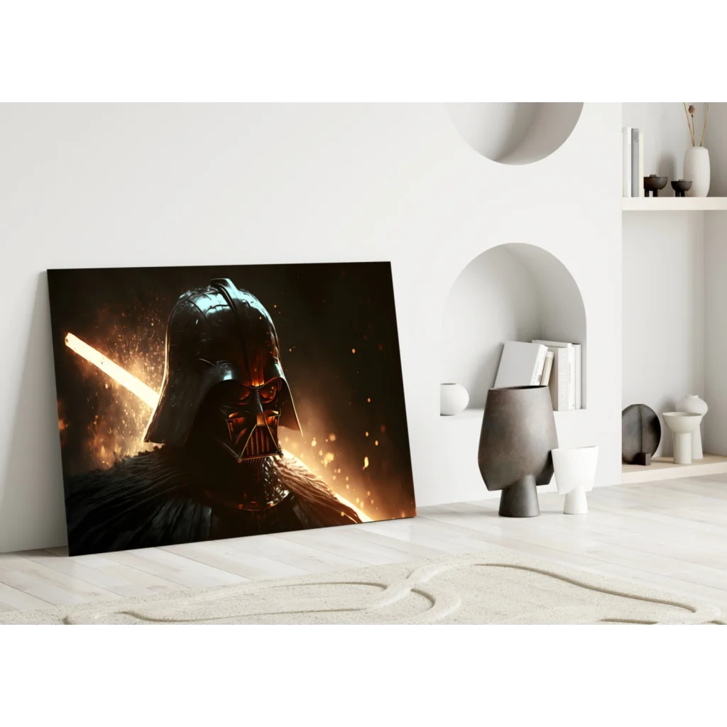 Black Darth Vader glass wall art canvas print with fiery lightsaber glow