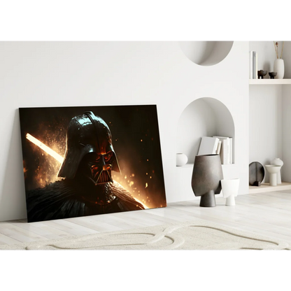 Black Darth Vader glass wall art canvas print with fiery lightsaber glow