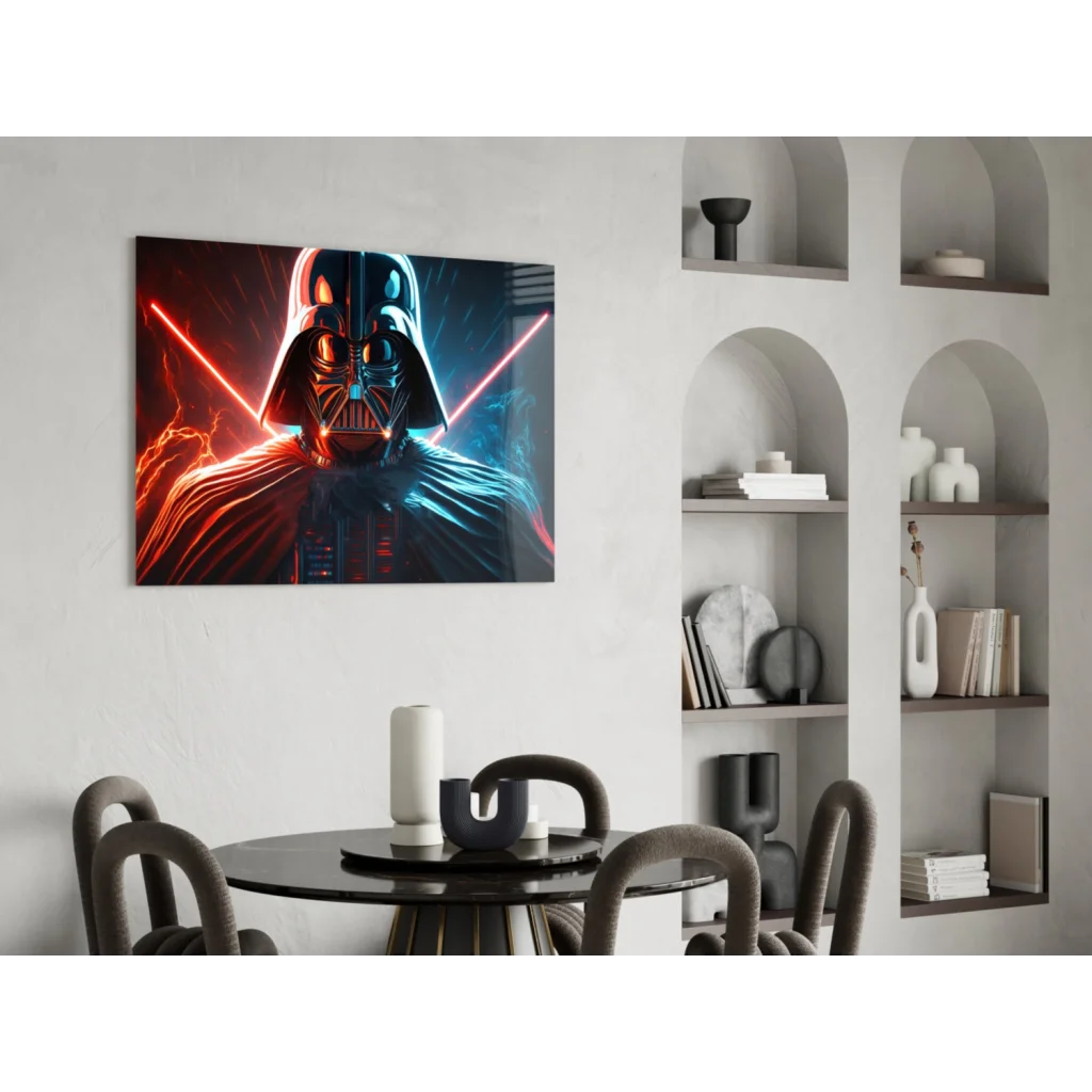 Vibrant Darth Vader neon lightsaber glass wall art on white wall