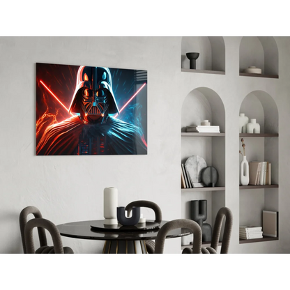 Vibrant Darth Vader neon lightsaber glass wall art on white wall