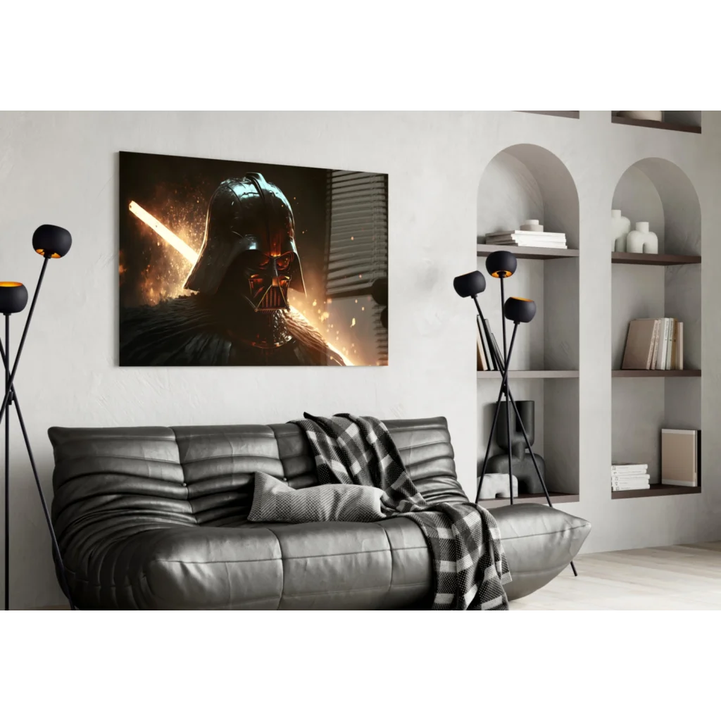 Black Darth Vader glass wall art with fiery lightsaber glow
