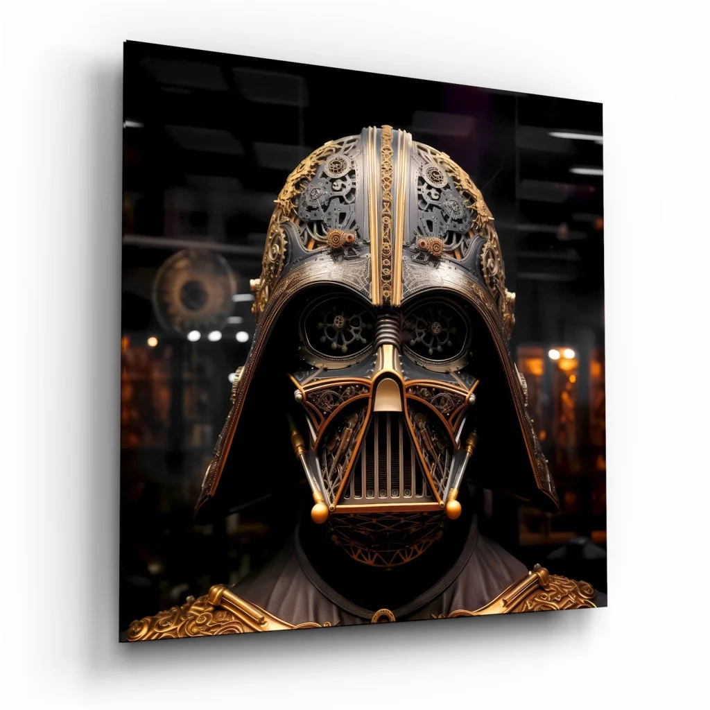 Steampunk Darth Vader Tempered Glass Art with Golden Gears | Insigneart USA | vintageantiquesgifts.com