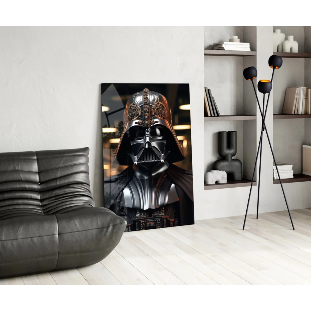 Sleek Darth Vader glass wall art portrait with gold metallic details