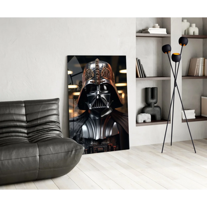 Sleek Darth Vader glass wall art portrait with gold metallic details