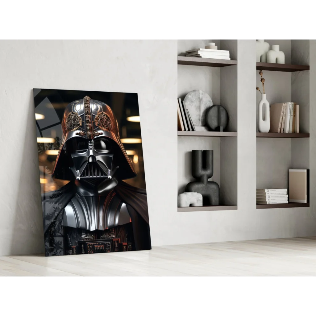 Sleek Darth Vader glass wall art portrait with gold details