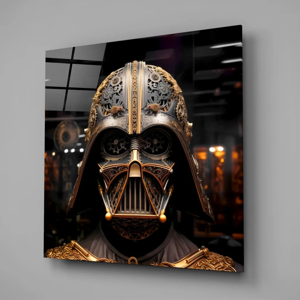 Steampunk Darth Vader Tempered Glass Art with Golden Gears | Glass Wall Art Print | vintageantiquesgifts.com