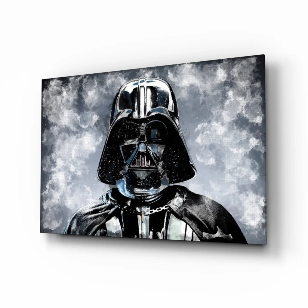 Darth Vader glass wall art with metallic silver highlights on helmet