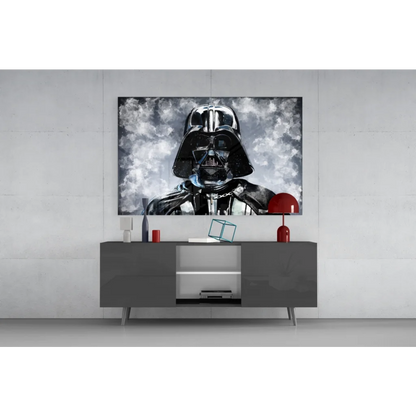 Darth Vader glass wall art with silver highlights on dramatic clouds