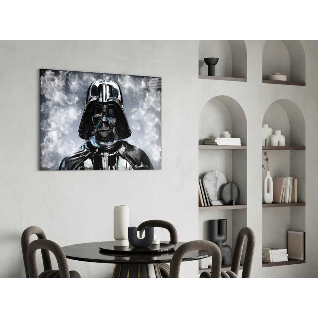 Black Darth Vader glass wall art portrait with metallic silver sheen on dramatic clouds