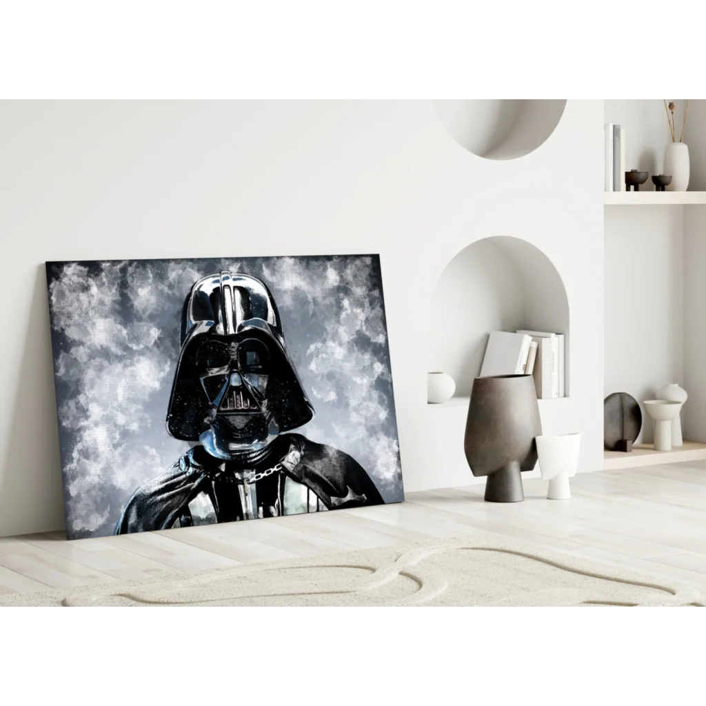 Black Darth Vader glass wall art with glossy finish and silver-gray clouds