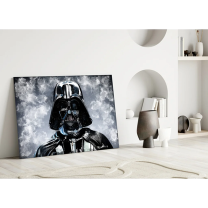 Black Darth Vader glass wall art with glossy finish and silver-gray clouds