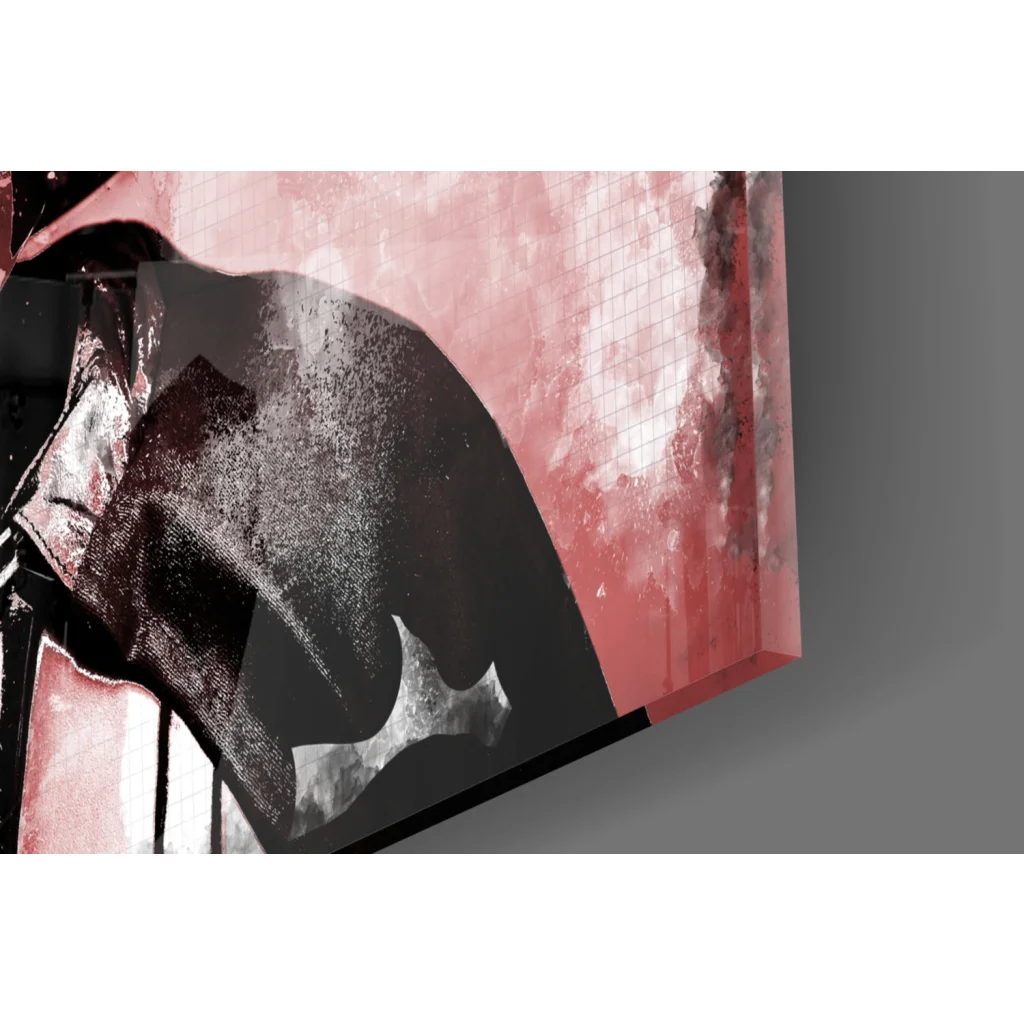 Abstract Darth Vader glass wall art in black white on pink textured background