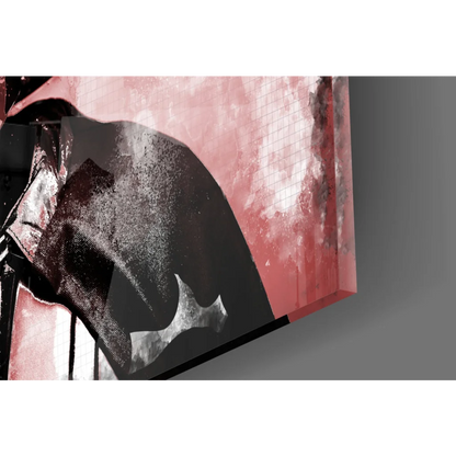 Abstract Darth Vader glass wall art in black white on pink textured background