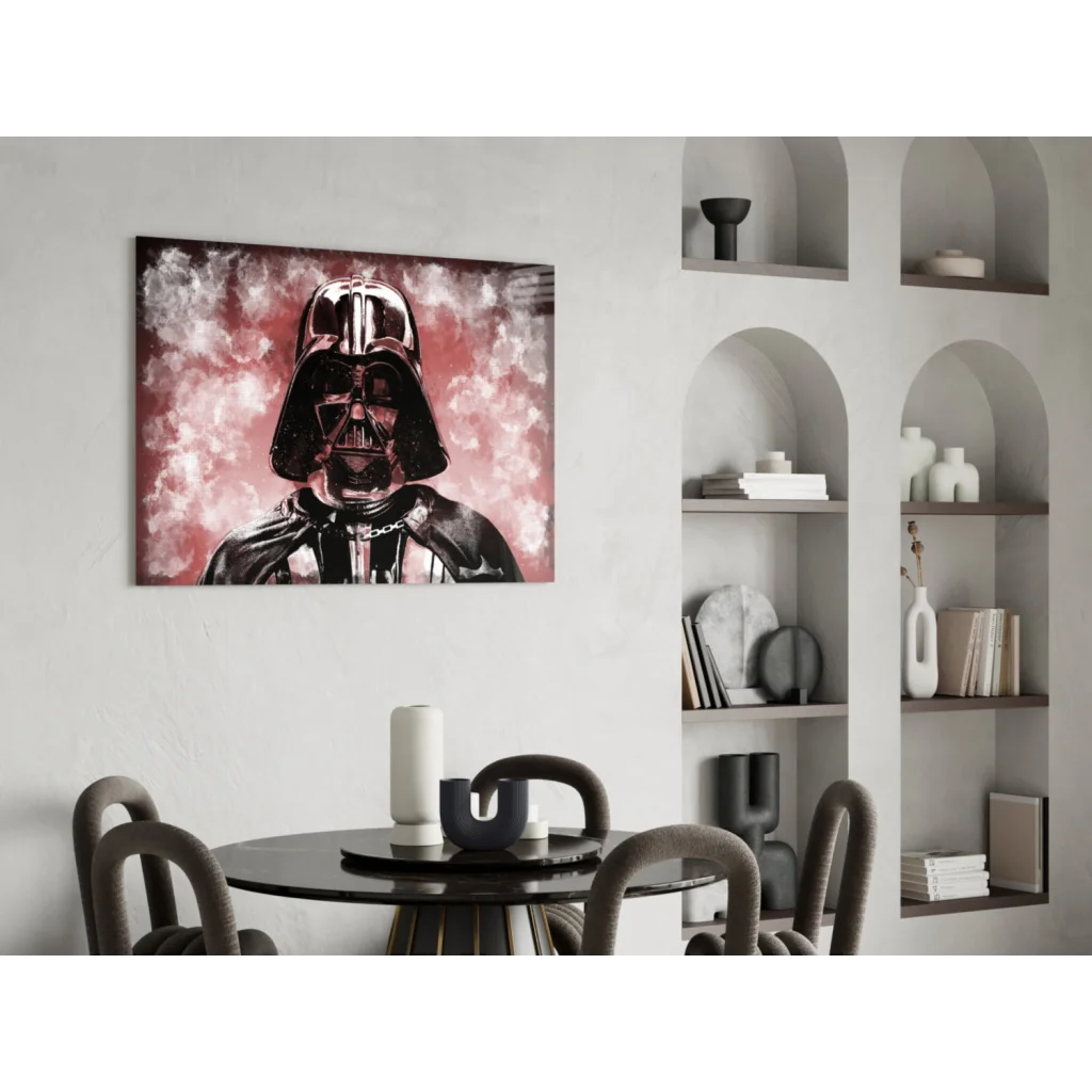 Darth Vader glass wall art canvas with glossy black helmet on pink textured background