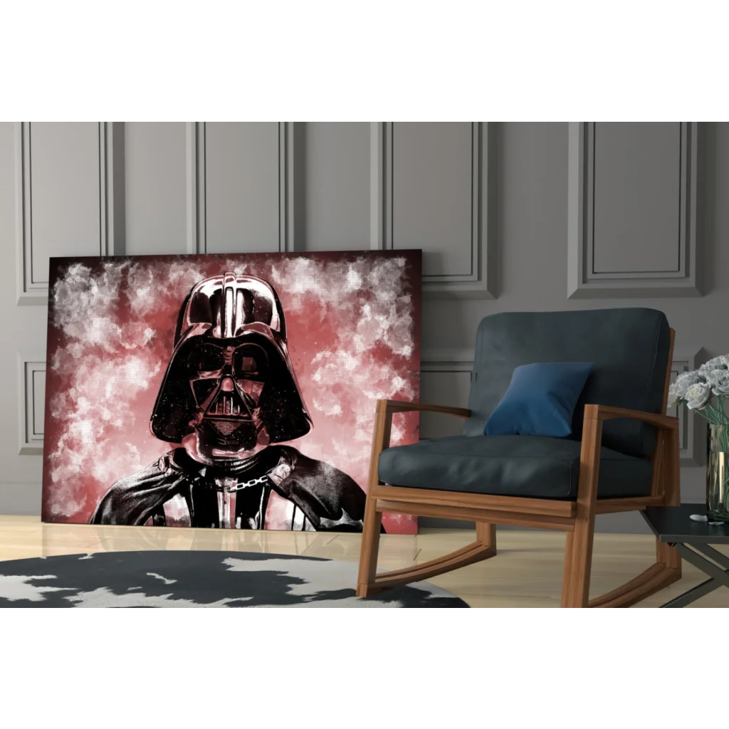 Darth Vader glass wall art canvas print with glossy black helmet on red white clouds
