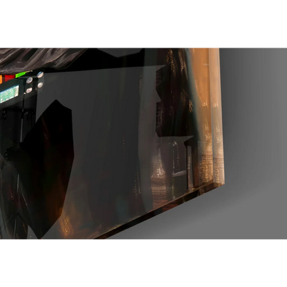 Sleek Darth Vader glass wall art with glossy dark surface and golden edges