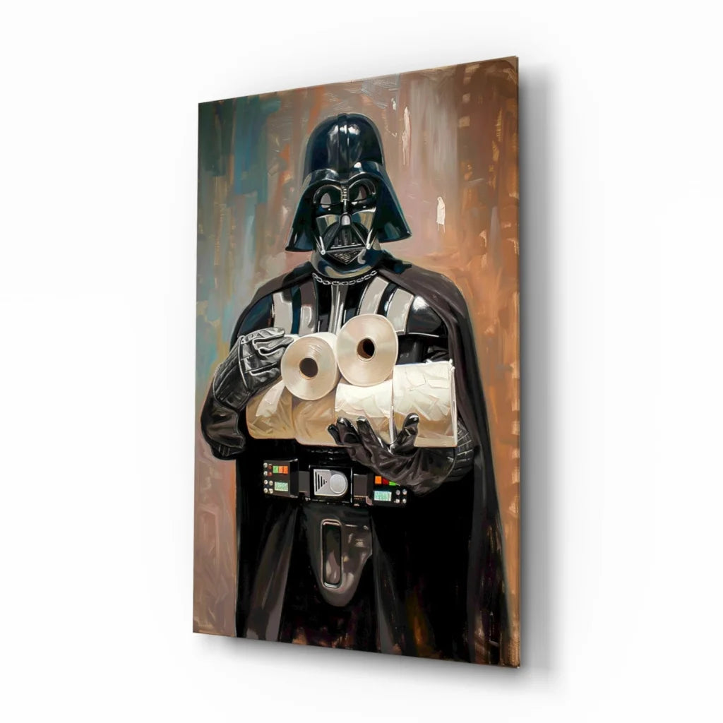 Darth Vader in black armor holding toilet paper wall art canvas print